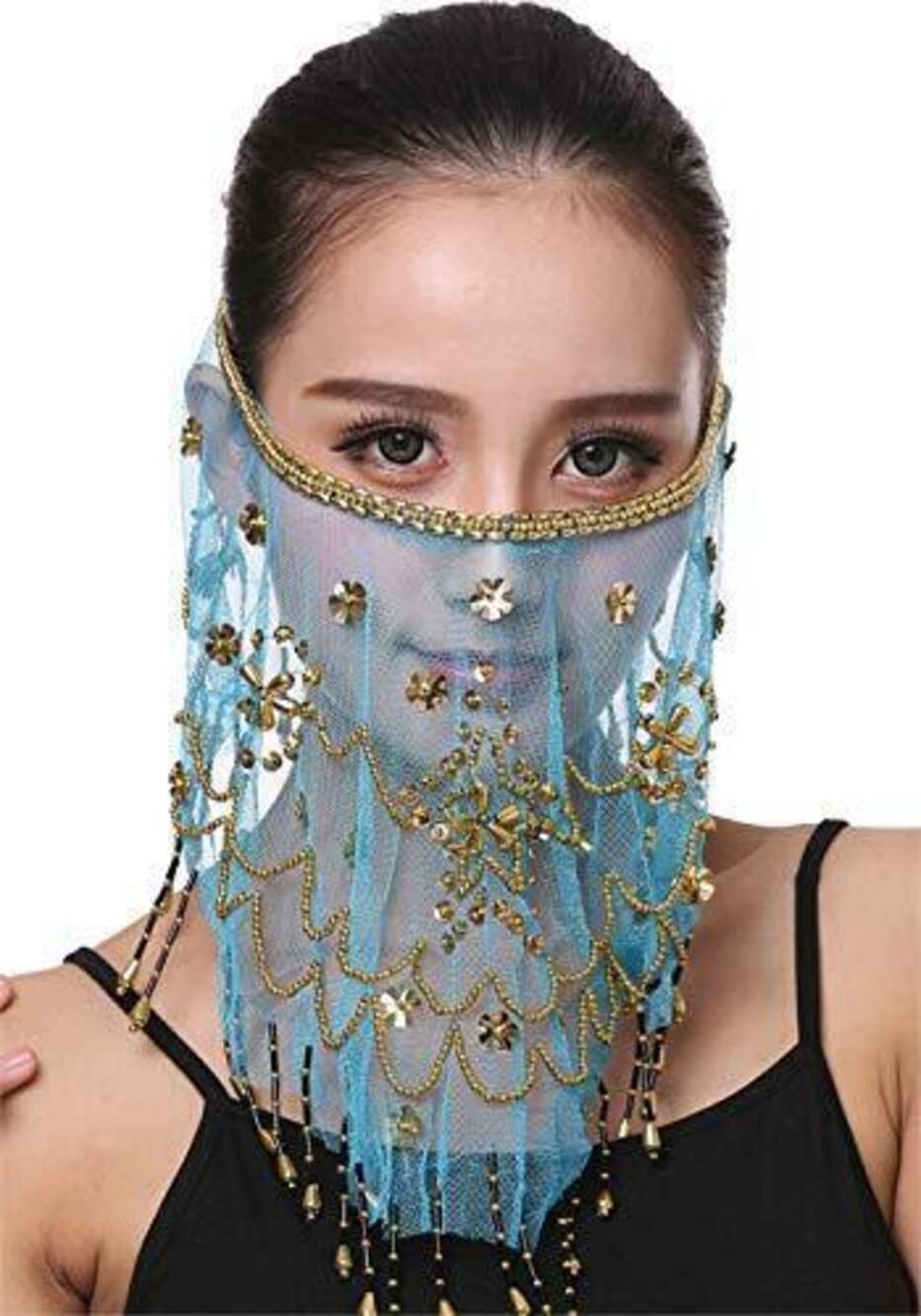 2977 Belly Dance Face Veil with Beads Sequins Halloween Genie Costume